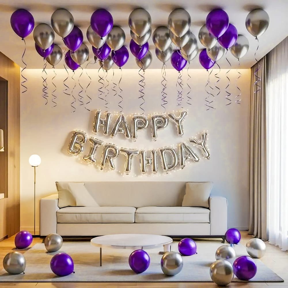 Charming Purple And Silver Birthday Balloon Decor